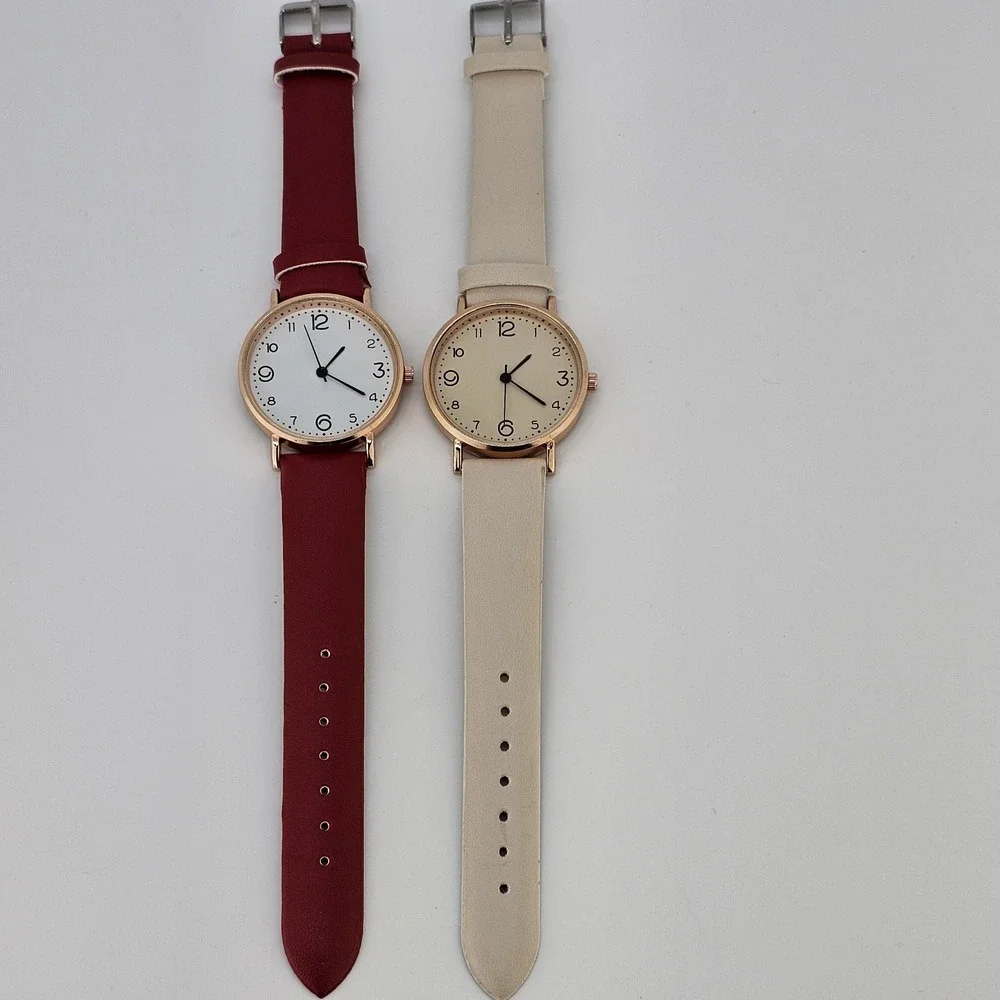2X Women's‎ Watch 36MM White Cream Dial Red Cream Faux Leather Bands NEW Battery